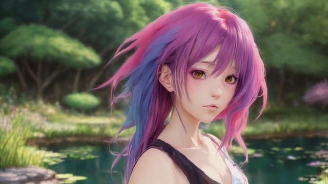 portrait anime girl near a pond, colorful hairs, anime drawing, anime manga style