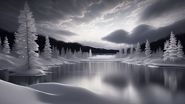 award winning night shot of a snowy lake  high contrast  intricate realistic details  breathtaking clouds