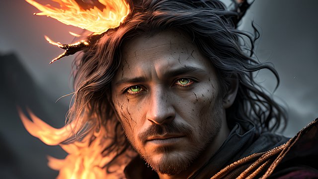 award winning photo portrait of a dark fire sorcerer in fire on a dark mountain, intricate realistic details