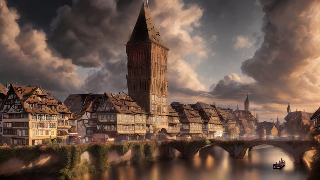 breathtaking painting of strasbourg, intricate realistic details, breathtaking clouds