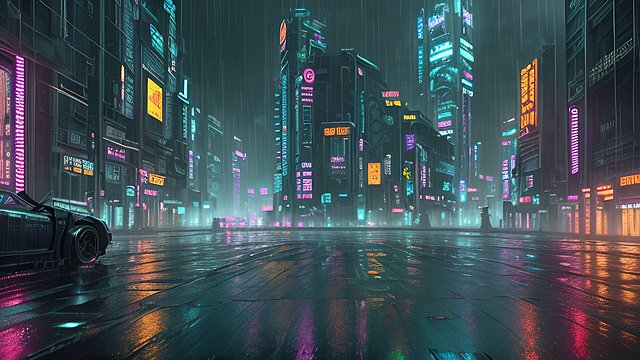 breathtaking wallpaper of a cyberpunk city under rain, intricate realistic details, breathtaking cinematic atmosphere, dark black contrast