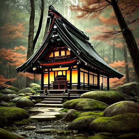 little shrine in a forest, japan, award winning painting