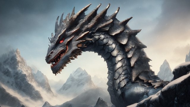 breathtaking close up painting of a dragon head with scales and horns and a long nose  snowy mountains background  intricate realistic details  absolutely epic breathtaking portrait