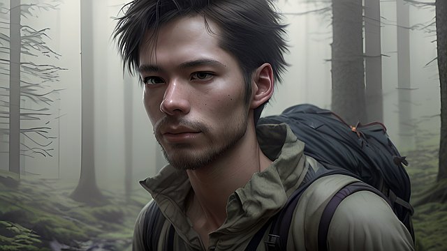 breathtaking realistic portrait of a male hiker in a forest