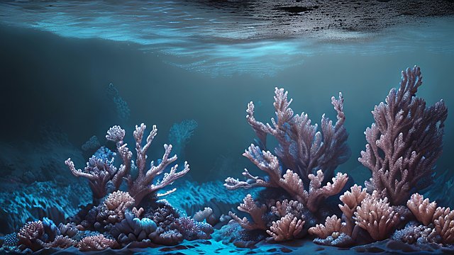 award winning deep night photo corals under the ocean  high contrast  intricate realistic details  breathtaking clouds