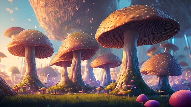 In the heart of the new world, towering mushrooms stretched like colossal umbrellas, casting whimsical shadows over the landscape
