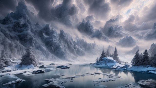 award winning photo of a mesmerizing snow land icy lake  intricate realistic details  amazing clouds