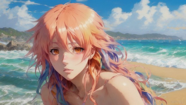 portrait anime girl on a beach  colorful hairs  anime drawing  anime manga style