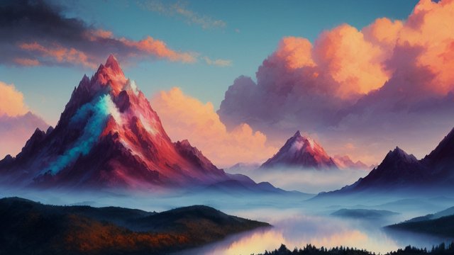 breathtaking realistic photo of a mountain  colorful clouds  sunset