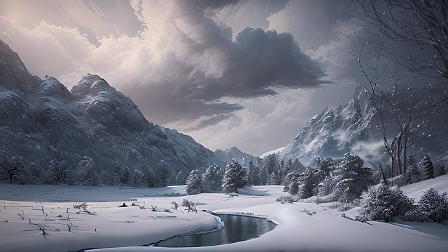 award winning photo of a snowy landscape  intricate realistic details  amazing clouds