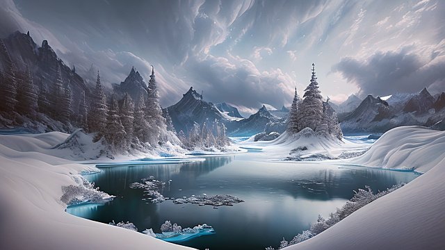 award winning photo of a mesmerizing snow land icy lake  intricate realistic details  amazing clouds