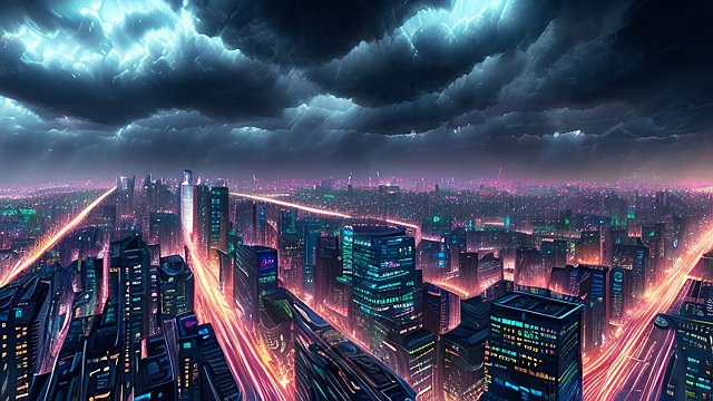 award winning photo of a mesmerizing modern city at night  neon  intricate realistic details  amazing clouds