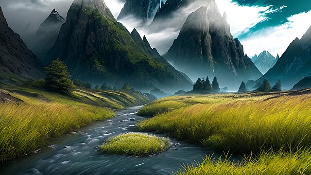 award winning high contrast mesmerizing photo of mountains and rivers, intricate realistic details, in a grass field, intricate realistic details, amazing clouds