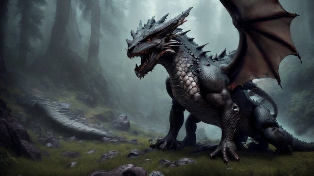 breathtaking photo of a dragon in a mountain forest  intricate realistic details  dark atmosphere