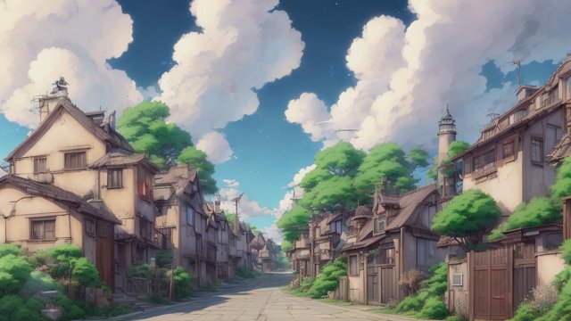 breathtaking anime painting of a little street in an anime or manga style, manga, in the open with astonishing clouds