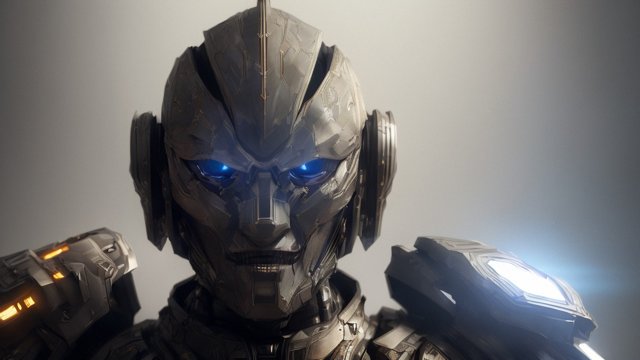 portrait humanoid armored robot, dark background, intricate details