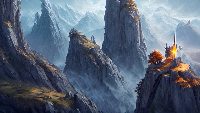 close up of a sword on a mountain, fantasy background