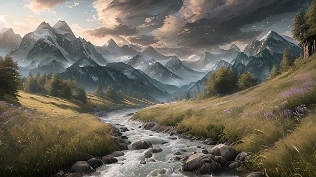 award winning awesome quality mesmerizing photo of mountains and rivers, intricate realistic details, in a grass field, intricate realistic details, amazing clouds