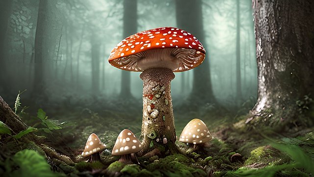 award winning photo of a mesmerizing amanita mushroom in a forest  intricate realistic details  amazing clouds
