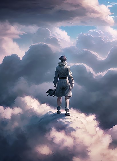 a person walking on a cloud  epic anime view  highly detailed