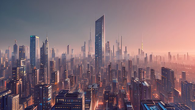 a city buildings background with elements of data science and technology