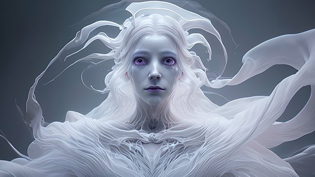 artistic spectral ghost lady floating, spectral shred white dress, epic detailed view