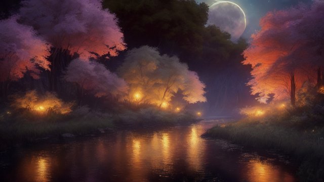 breathtaking painting of a river and forest with fireflies under the moonlit sky  visible colorful sky and visible moon  breathtaking clouds at dawn during the morning