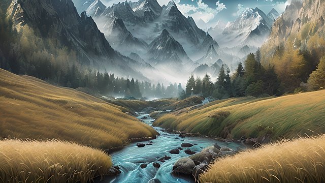 award winning awesome quality mesmerizing photo of mountains and rivers, intricate realistic details, in a grass field, intricate realistic details, amazing clouds