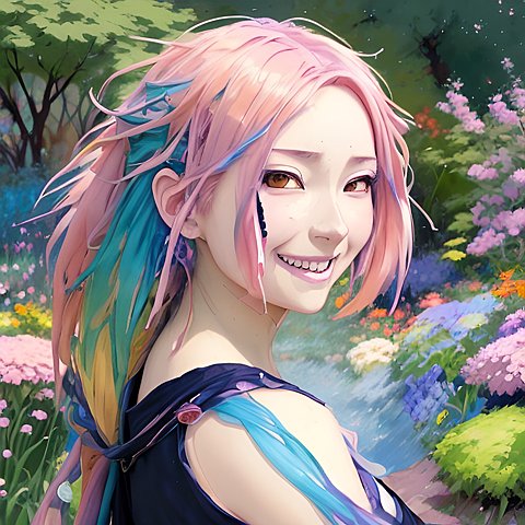 smiling anime face  colorful hairs  in a garden  anime drawing  anime