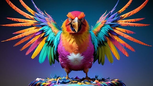 smiling insane angry mad colorful bird, colorful beautiful, dark background, award winning colorful painting