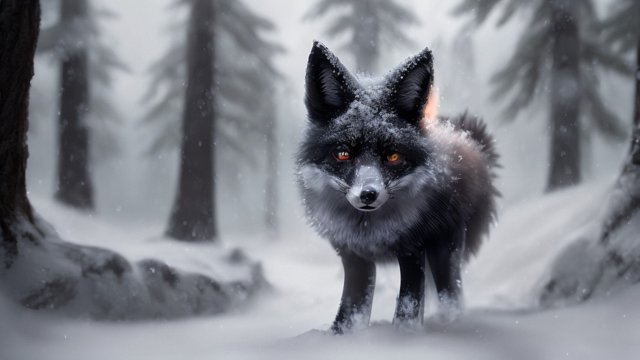 4k breathtaking photo of a black fox in snowy forest mountains, intricate realistic details