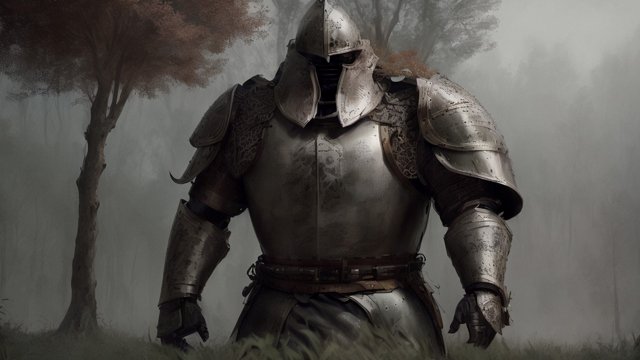 breathtaking painting of a gigantic soldier with a medieval armor with some trees around  intricate realistic details