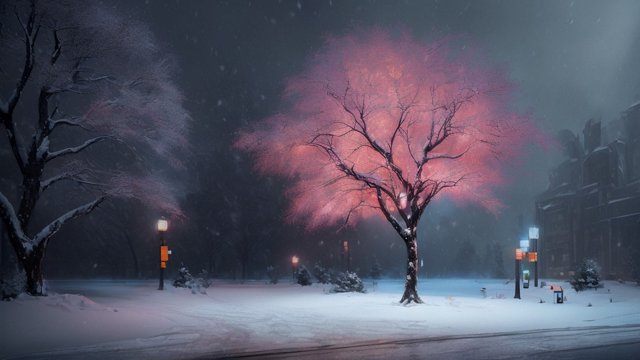 beautiful painting of an isolated tree in the snow, street lights