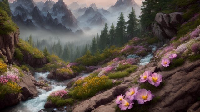 4k breathtaking photo of mountain forests  flowers on a rocky mountain slope intricate realistic details
