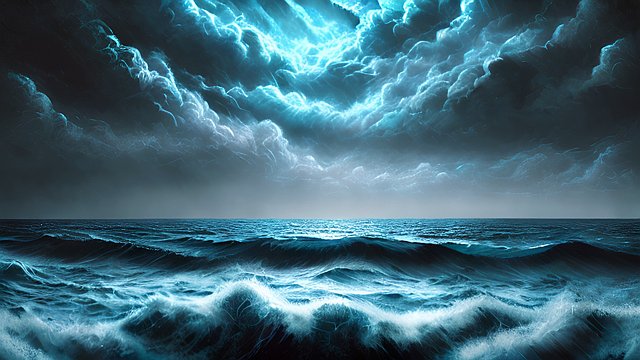 award winning deep blue night photo inside ocean  high contrast  intricate realistic details  breathtaking clouds
