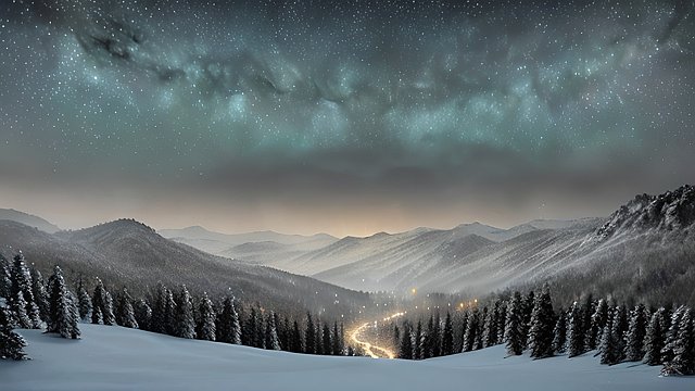4k breathtaking photo of a snowy forest mountains, night starry sky, milky way, intricate realistic details
