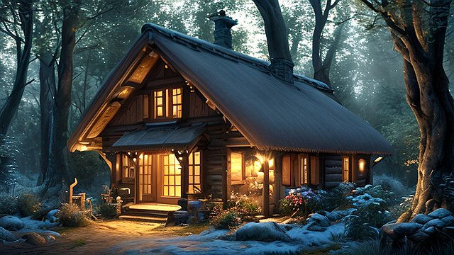 the most breathtaking award winning amazing 4k uhd detailed fascinating photo of a small european cottage in a forest during night  intricate realistic details  dark night shades