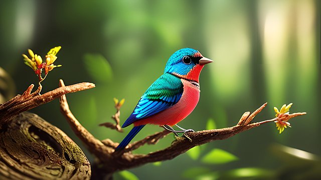 award winning photo of a colorful mesmerizing small bird in a forest  intricate realistic details