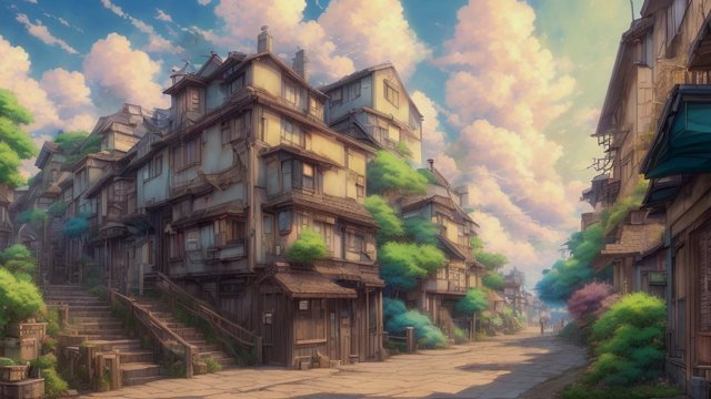 breathtaking anime painting of a little street in an anime or manga style, manga, in the open with astonishing clouds