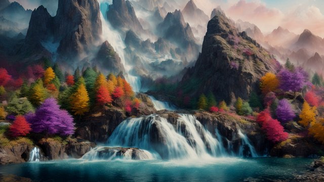 Mountain with waterfall - colorful, ultra-detailed, hyper-realistic, 3D render, photorealistic 