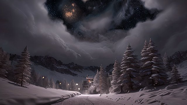 4k breathtaking night snowy landscape with a nebulae  intricate realistic details