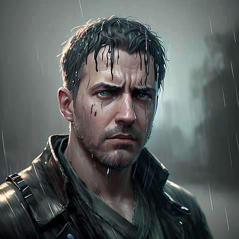 portrait of a sad man under the rain