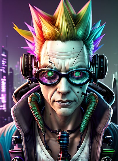 colorful detailed award winning portrait of a mad cyberpunk scientist