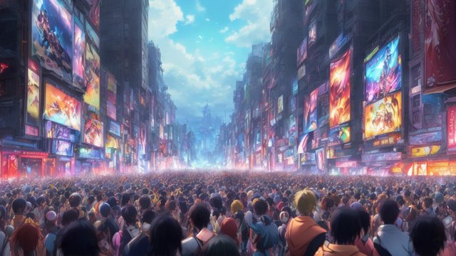 breathtaking gigantic anime parade  thousands of people  large crowd  anime movie  anime manga style
