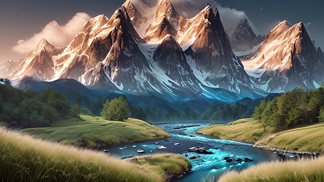 award winning mesmerizing ultrarealistic photo of mountains and rivers, intricate realistic details, in a grass field, intricate realistic details, amazing clouds