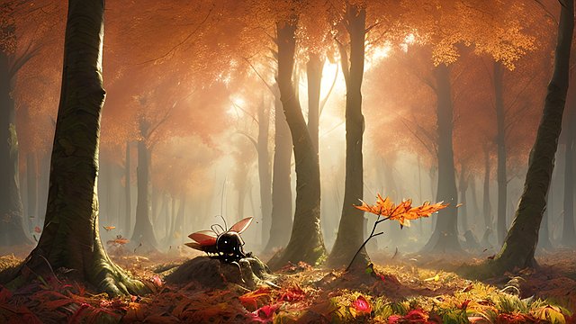 award winning photo of a small insect in a mesmerizing autumn forest scatter sun light  intricate realistic details  amazing clouds