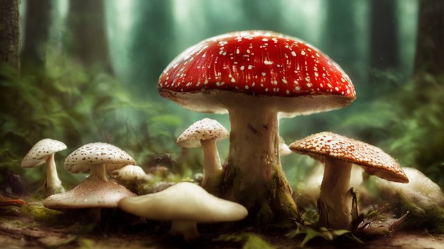 award winning photo of a mesmerizing amanita mushroom in a forest  intricate realistic details  amazing clouds