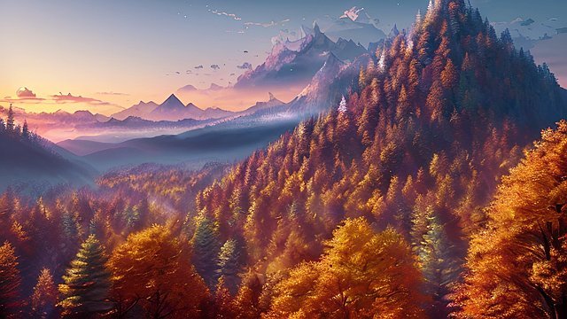 the most breathtaking photo of autumn forest mountain  intricate realistic details  sunset shades  amazing anime clouds
