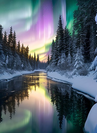 photo of beautiful northern lights  award winning shot  realistic  snowy forest and river  water reflections