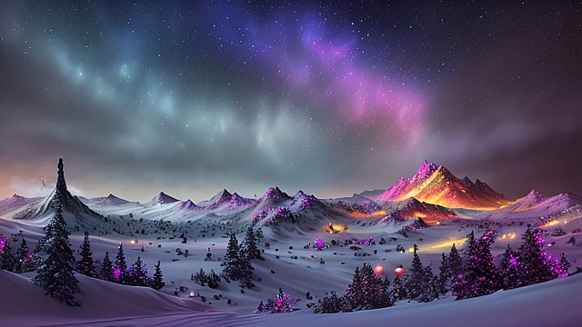 4k breathtaking night snowy landscape with a nebulae  colorful  intricate realistic details